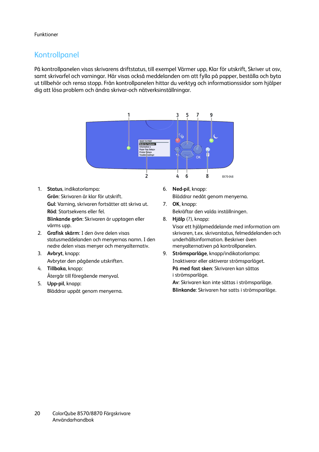 Xerox 8570 / 8870 manual Kontrollpanel, Tillbaka , knapp 