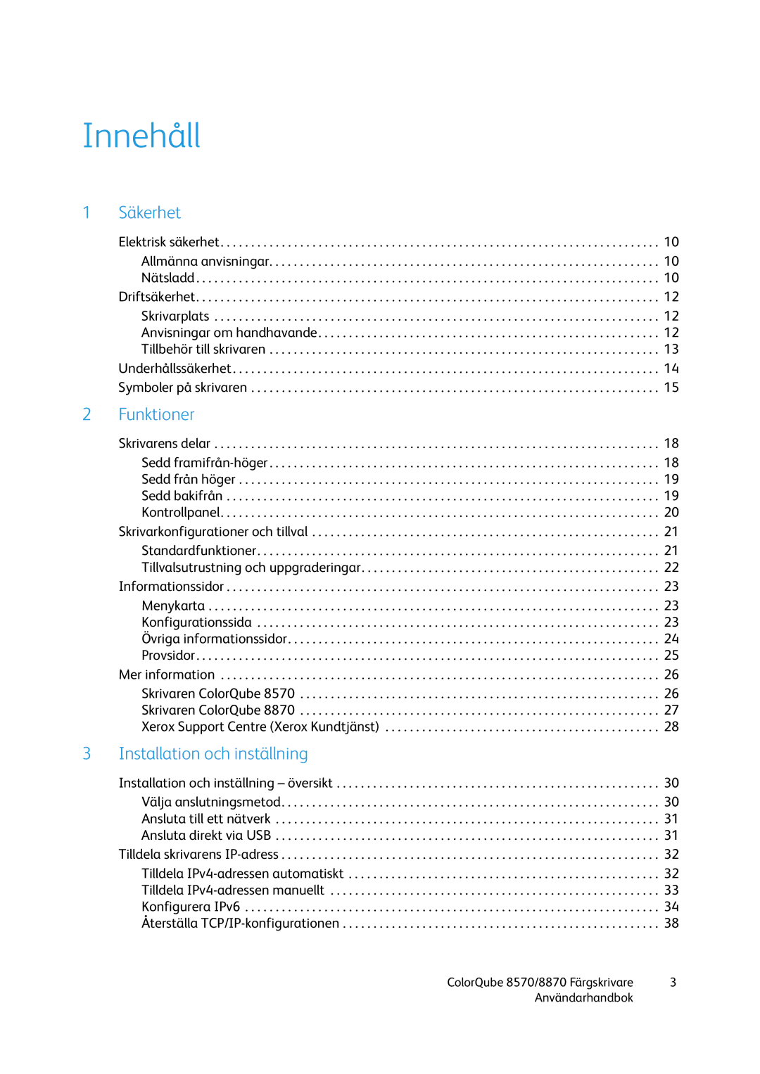 Xerox 8570 / 8870 manual Innehåll 