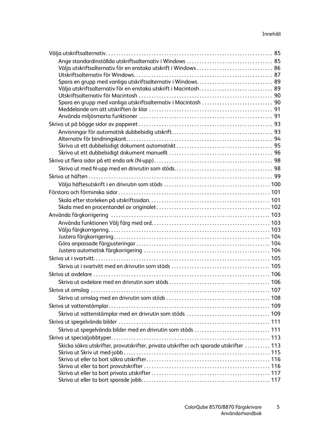 Xerox 8570 / 8870 manual Innehåll 