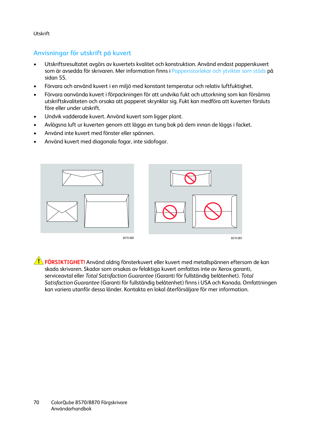 Xerox 8570 / 8870 manual Anvisningar för utskrift på kuvert 