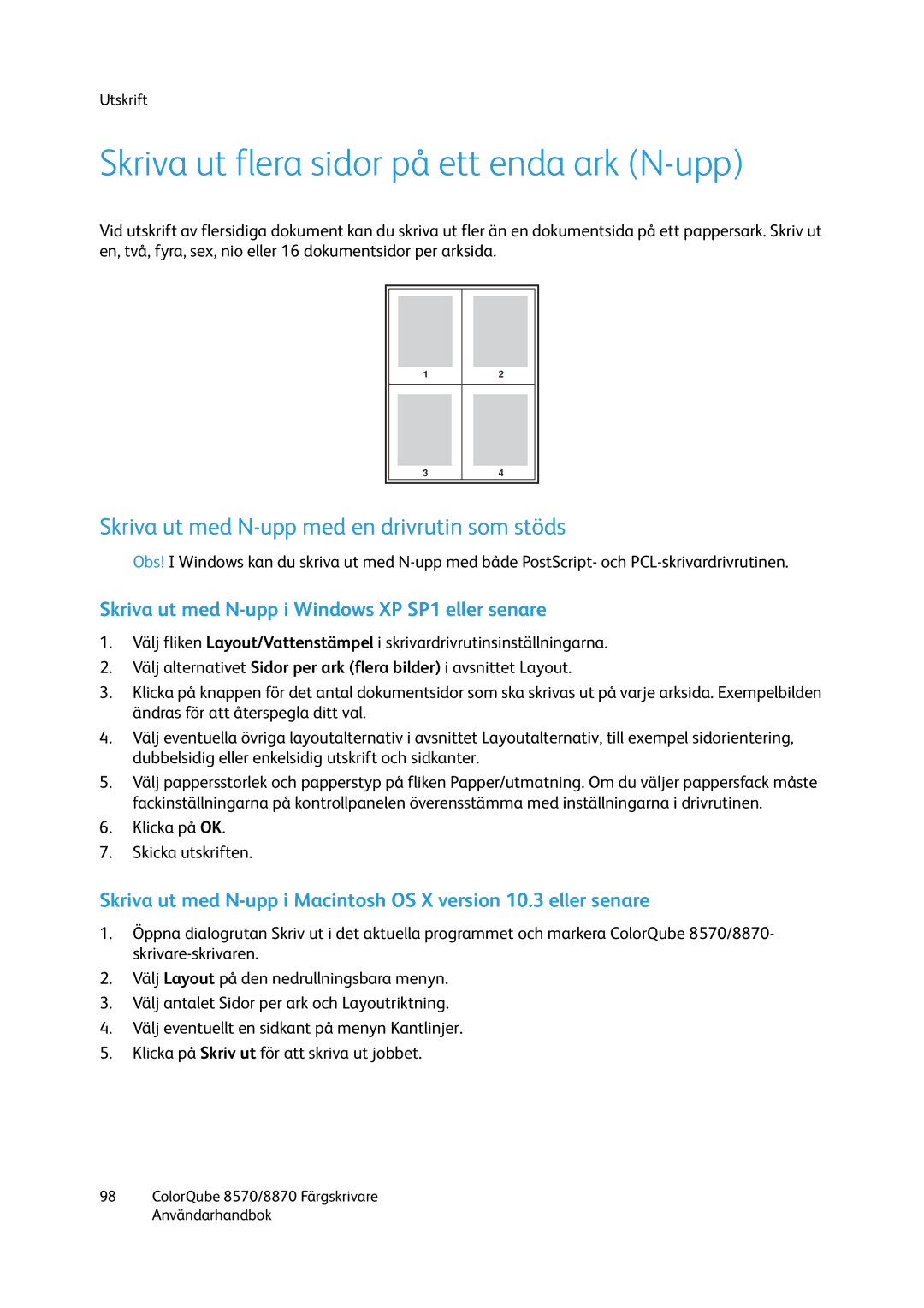 Xerox 8570 / 8870 manual Skriva ut flera sidor på ett enda ark N-upp, Skriva ut med N-upp med en drivrutin som stöds 