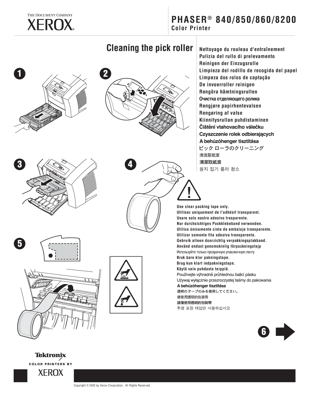 Xerox 8500/DN, 860/B manual Phaser 840/850/860/8200, Cleaning the pick roller, Use clear packing tape only 