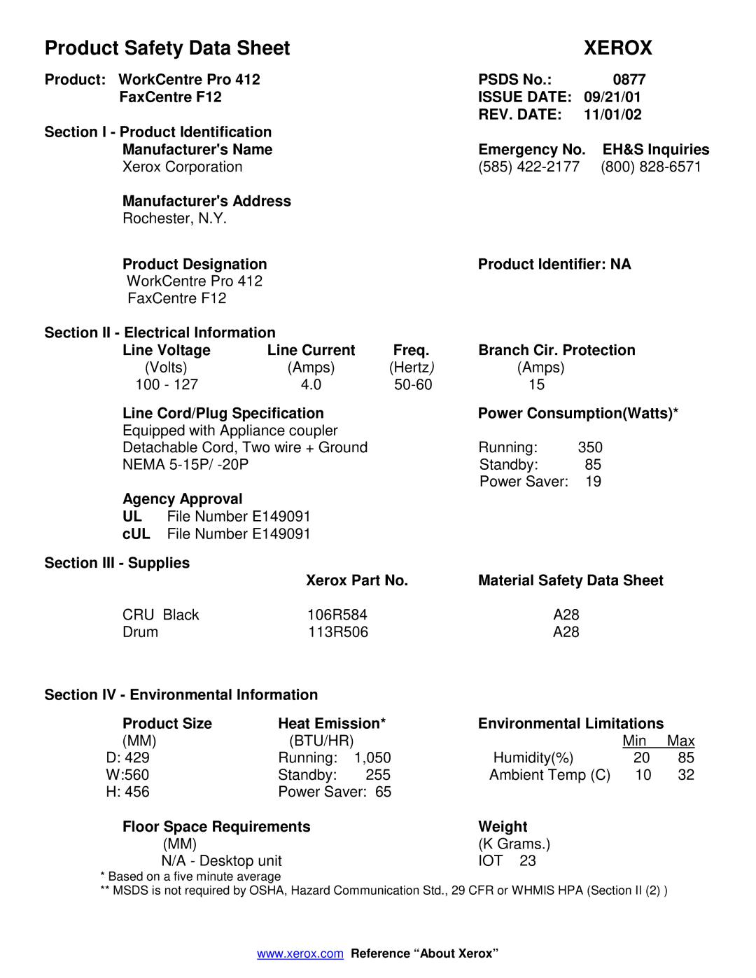 Xerox 877 manual Xerox, Issue Date, REV. Date 