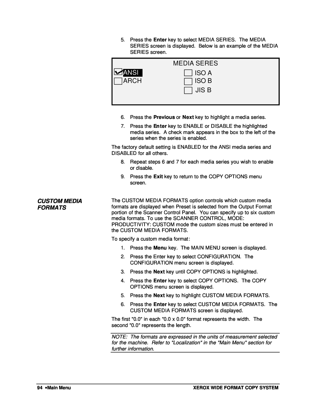 Xerox 8825, 8850, 8830, X2 manual Media Seres, Iso A, Ansi, Arch, Iso B, Jis B, Custom Media Formats 