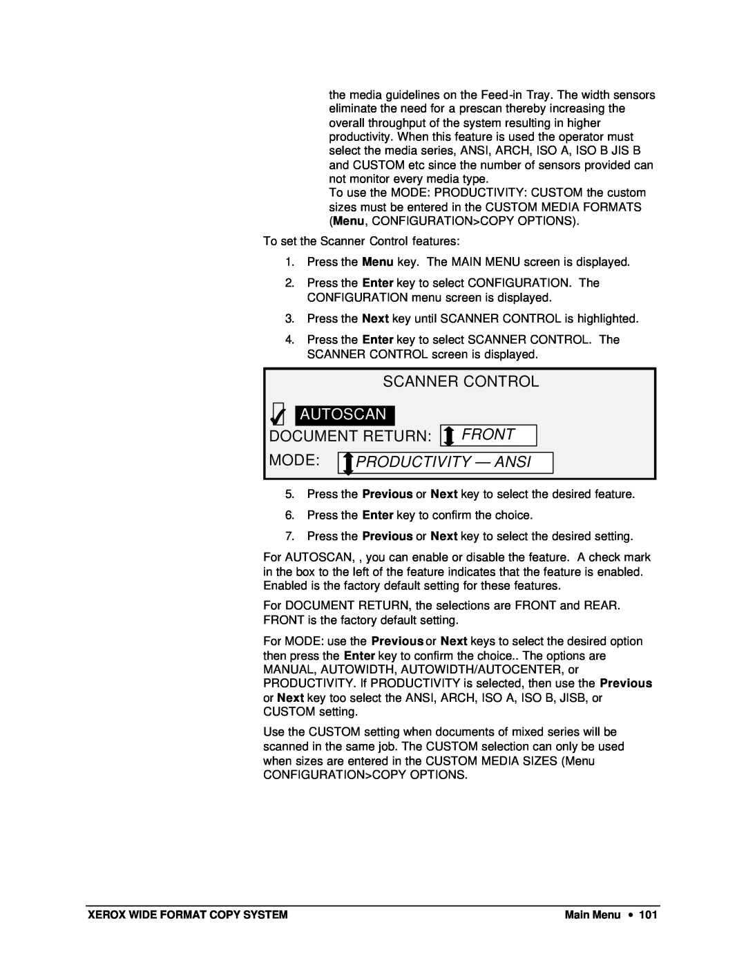 Xerox X2, 8825, 8850, 8830 manual Mode, Productivity — Ansi, Scanner Control, 4AUTOSCAN, Document Return: Front 