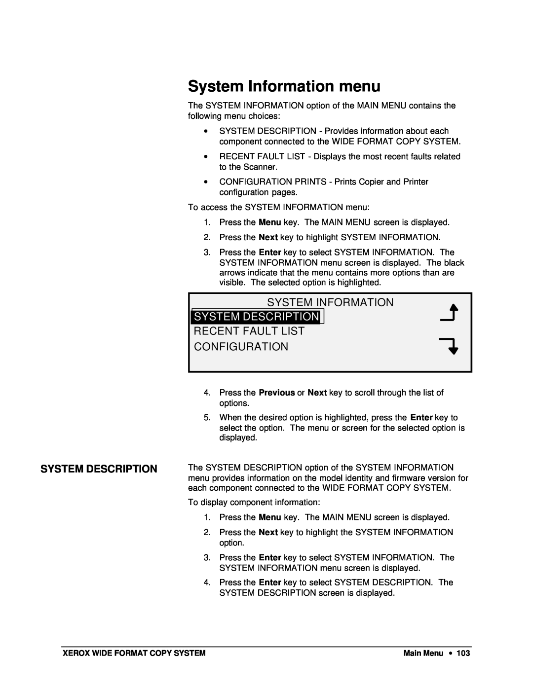 Xerox 8850, 8825, 8830, X2 manual System Information menu, System Description, Recent Fault List Configuration 