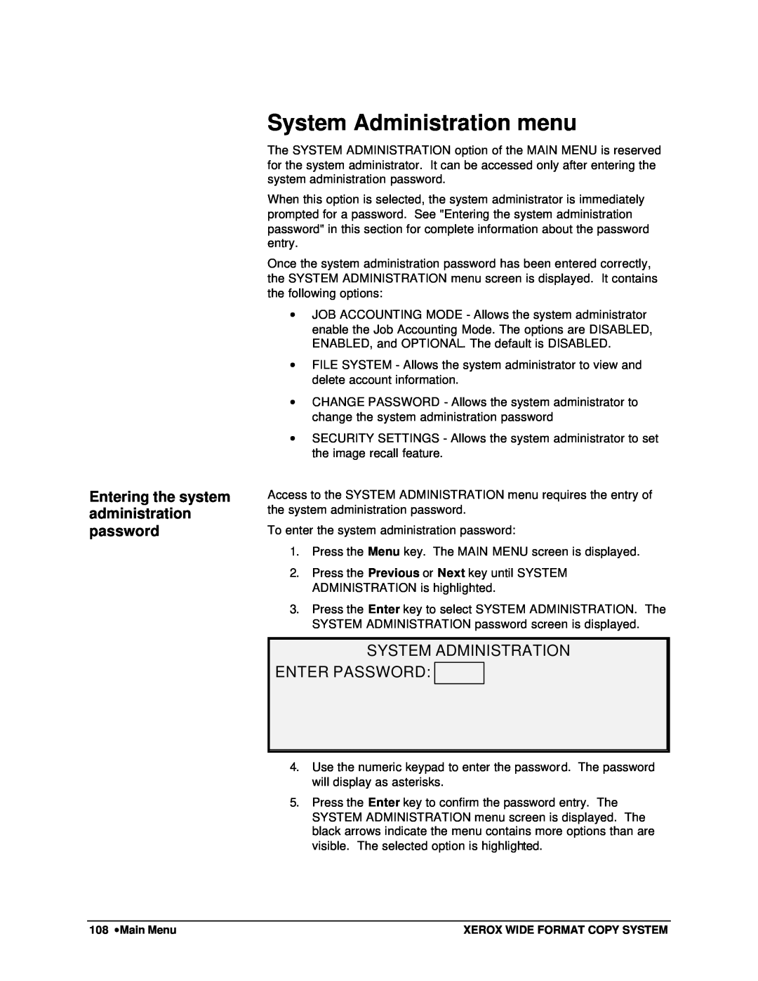 Xerox 8830, 8825, 8850, X2 manual System Administration menu, System Administration Enter Password 