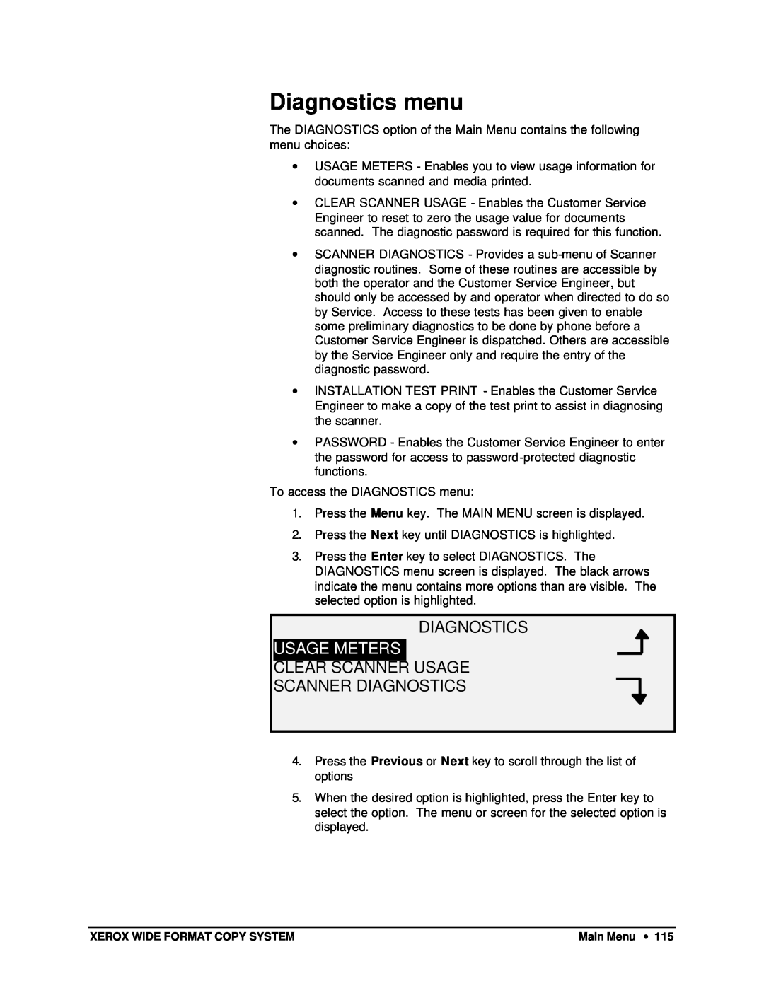 Xerox 8850, 8825, 8830, X2 manual Diagnostics menu, Usage Meters, Clear Scanner Usage Scanner Diagnostics 