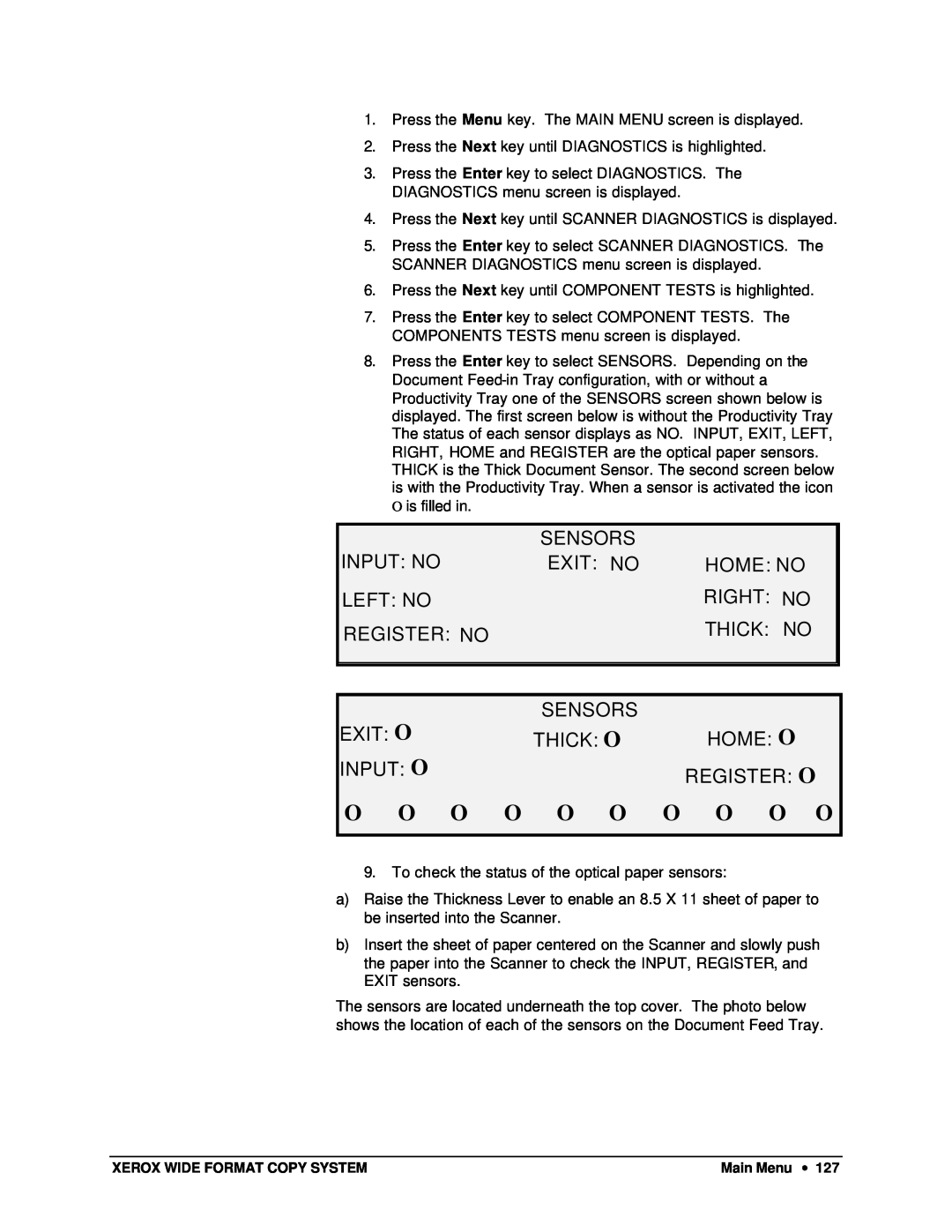 Xerox 8850 Sensors, Input: No, Exit: No, Home: No, Left: No, Right: No, Register: No, Thick: No, Exit: O, Thick: O, O O O 