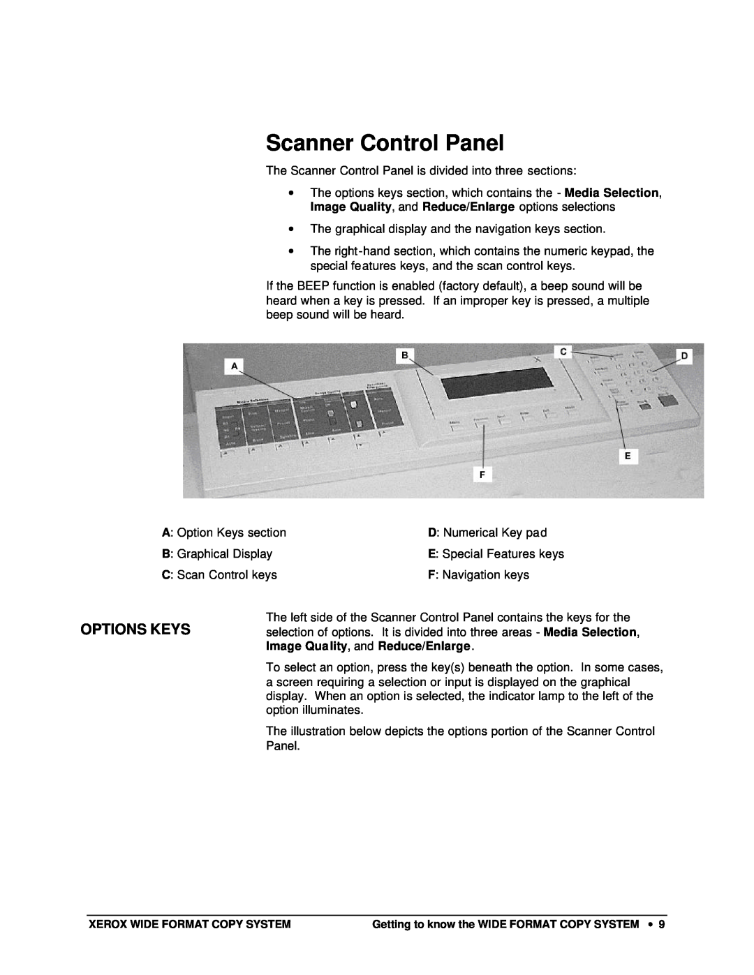 Xerox X2, 8825, 8850, 8830 manual Scanner Control Panel, Options Keys 