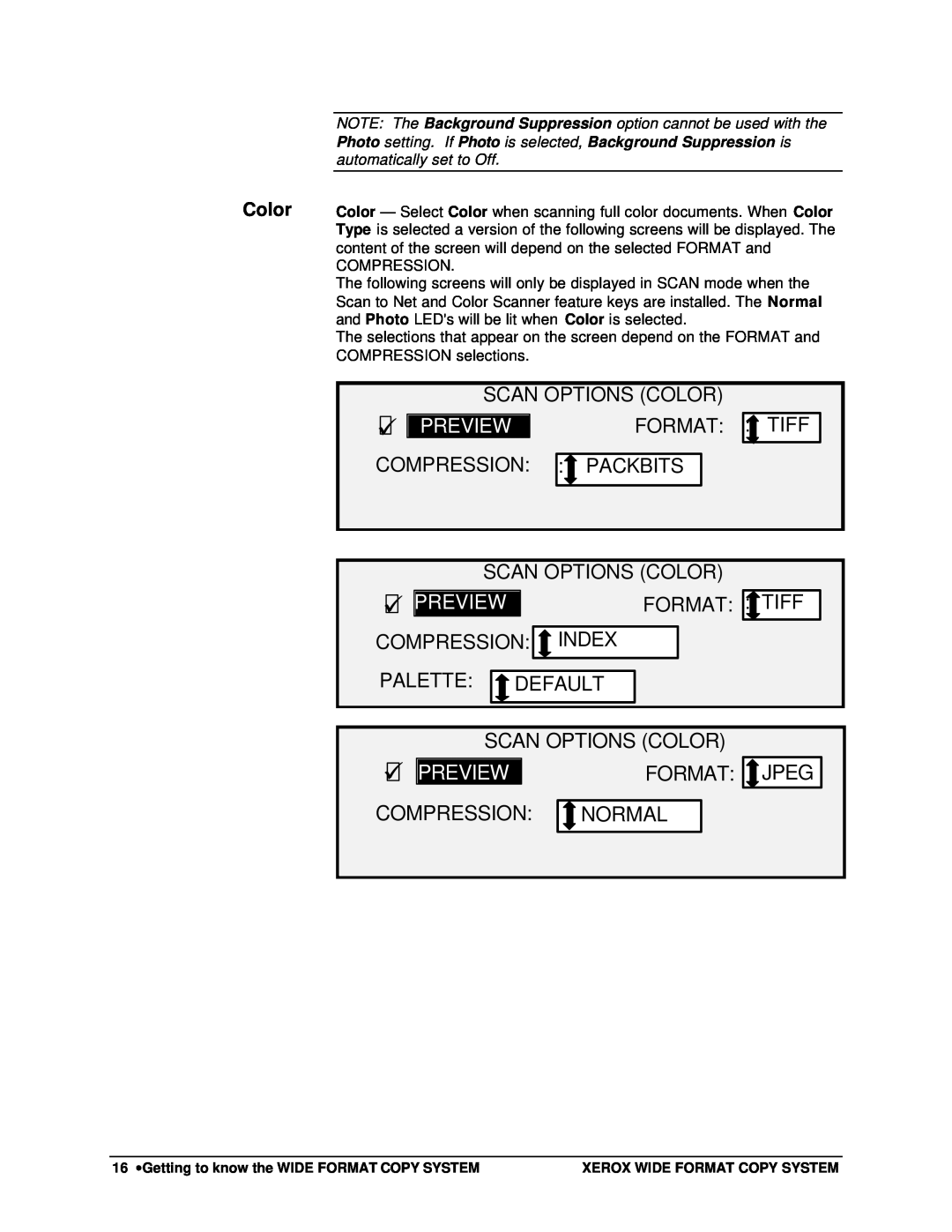 Xerox 8830, 8825, 8850, X2 manual Scan Options Color, ü PREVIEW, Normal, Preview, Format, Compression 