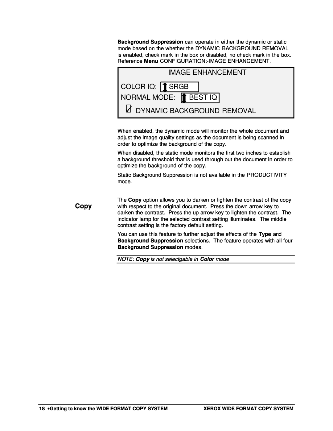 Xerox 8825, 8850, 8830, X2 manual Image Enhancement Color Iq: Srgb Color Iq, NORMAL MODE: BEST IQ üDYNAMIC BACKGROUND REMOVAL 