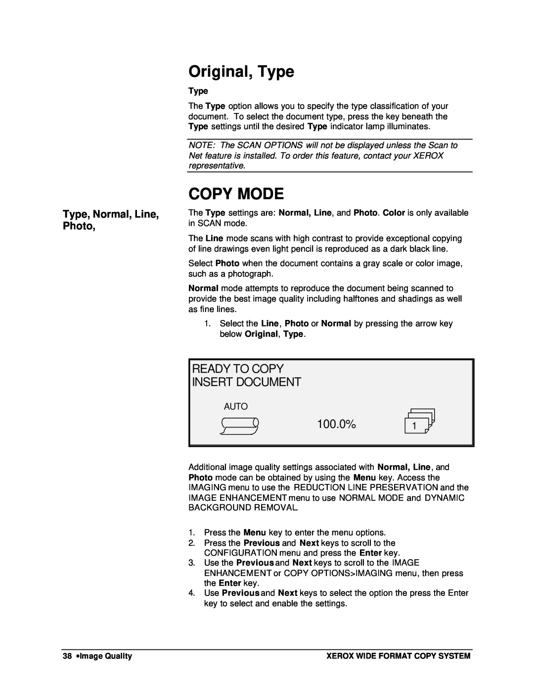 Xerox 8825, 8850, 8830, X2 manual Original, Type, Copy Mode, Ready To Copy Insert Document, 100.0%1, Auto 