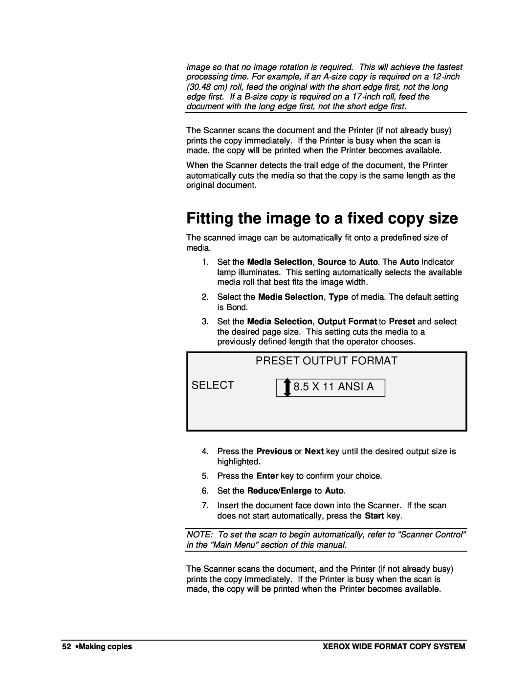 Xerox 8830, 8825, 8850, X2 manual Fitting the image to a fixed copy size, Preset Output Format, Select, 8.5 X 11 ANSI A 