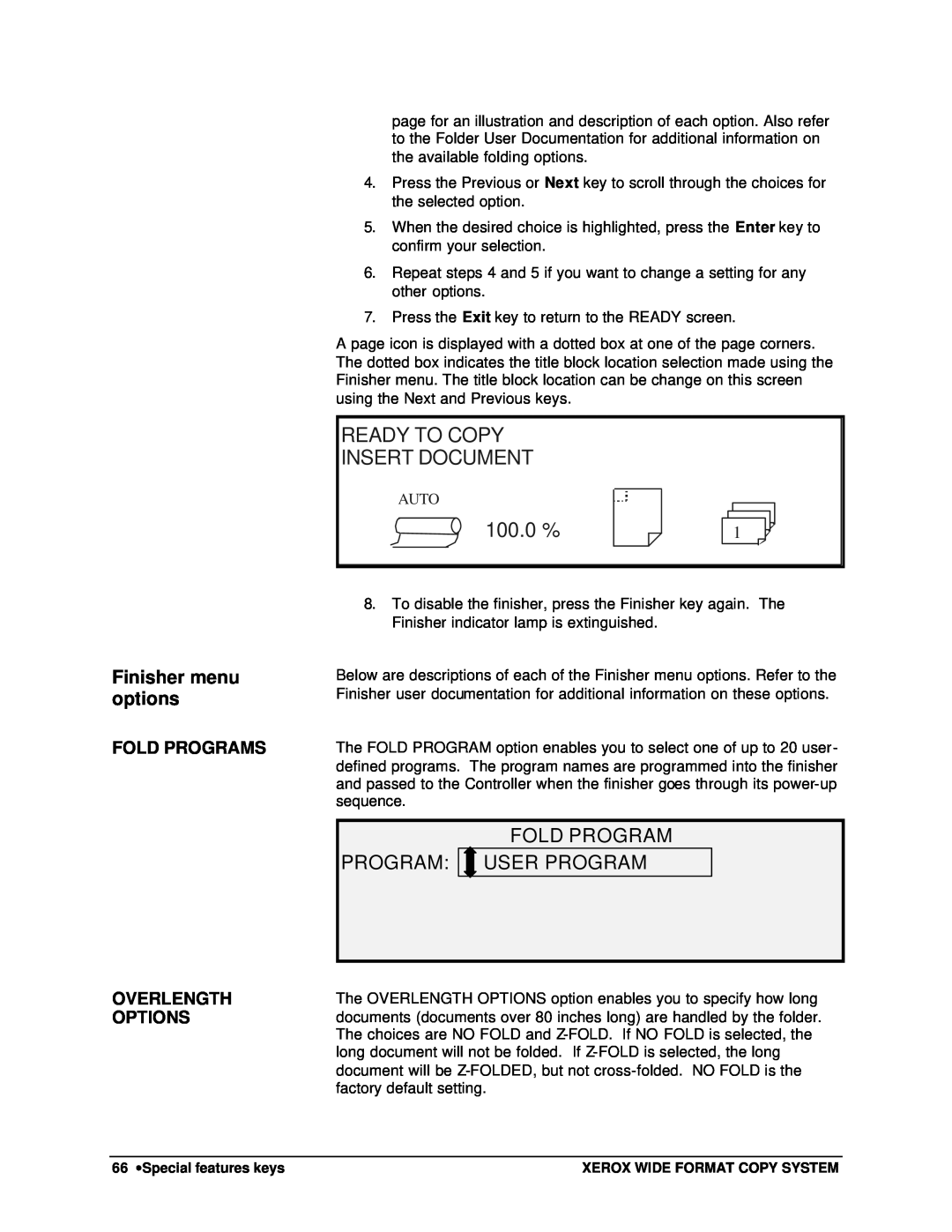 Xerox 8825 Ready To Copy Insert Document, Fold Program Program: User Program, 100.0 %, Fold Programs Overlength Options 