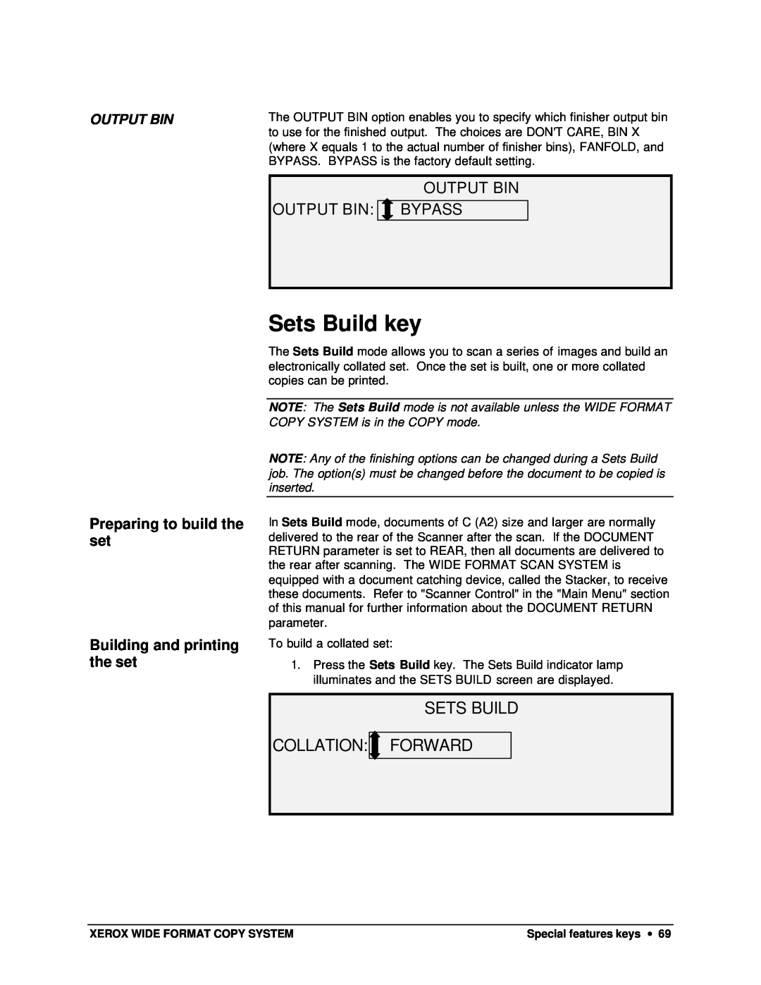 Xerox X2, 8825, 8850, 8830 manual Sets Build key, Sets Build Collation:Forward, Output Bin, Bypass 