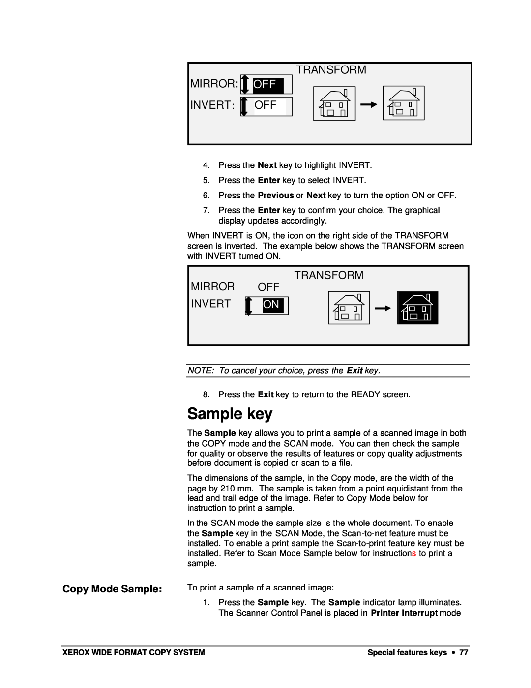 Xerox X2, 8825, 8850, 8830 manual Sample key, Mirror Invert, Transform Off, Transform Mirror: Off Invert: Off 