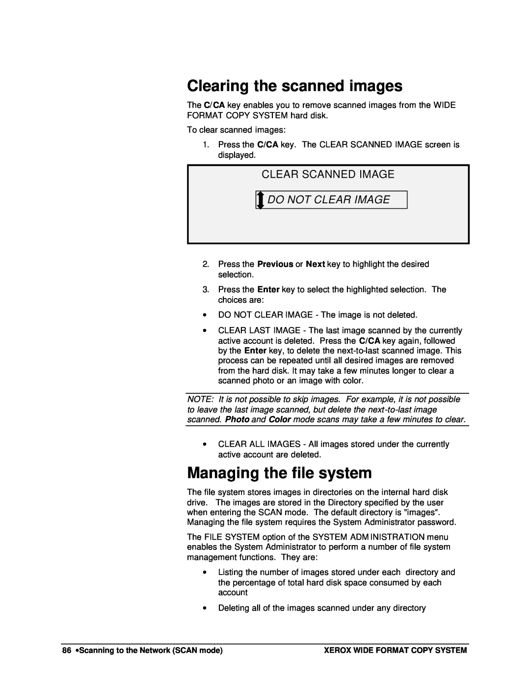 Xerox 8825, 8850, 8830, X2 Clearing the scanned images, Managing the file system, Clear Scanned Image, Do Not Clear Image 