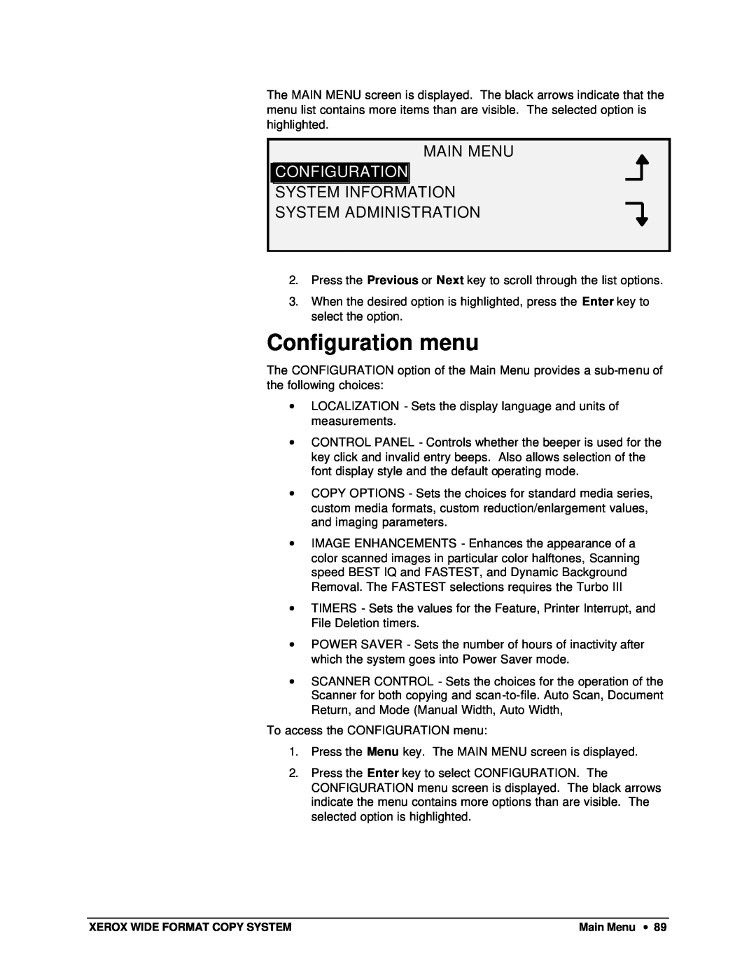 Xerox X2, 8825, 8850, 8830 manual Configuration menu, Main Menu, System Information System Administration 