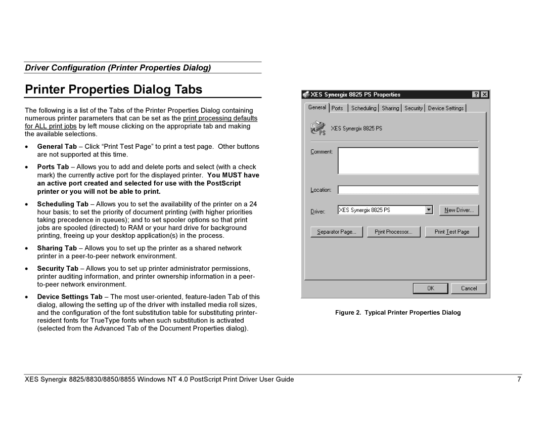 Xerox 8830, 8825, 8855 manual Printer Properties Dialog Tabs 