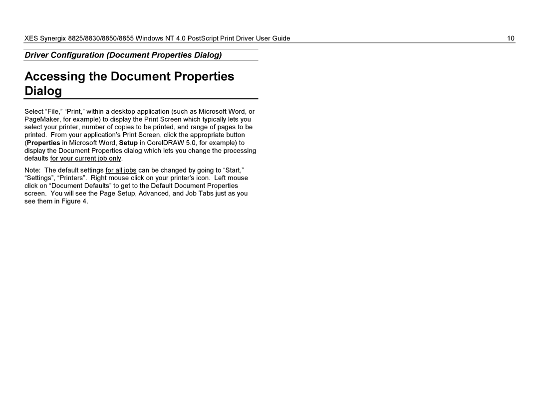 Xerox 8830, 8825, 8855 manual Accessing the Document Properties Dialog 