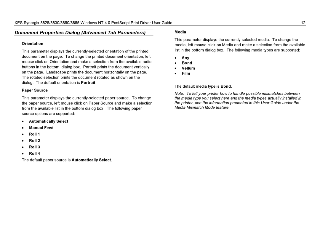 Xerox 8855, 8825, 8830 manual Orientation, Paper Source, Automatically Select Manual Feed Roll, Media, Any Bond Vellum Film 