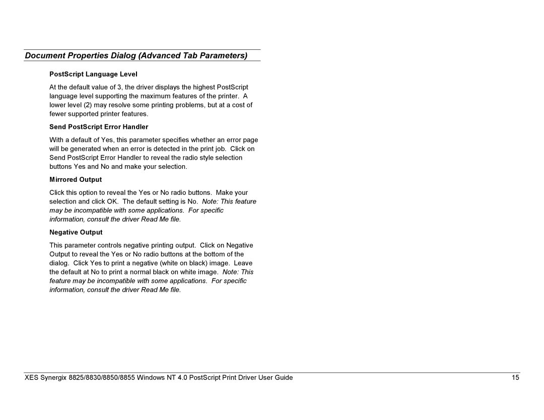 Xerox 8855, 8825, 8830 manual PostScript Language Level, Send PostScript Error Handler, Mirrored Output, Negative Output 