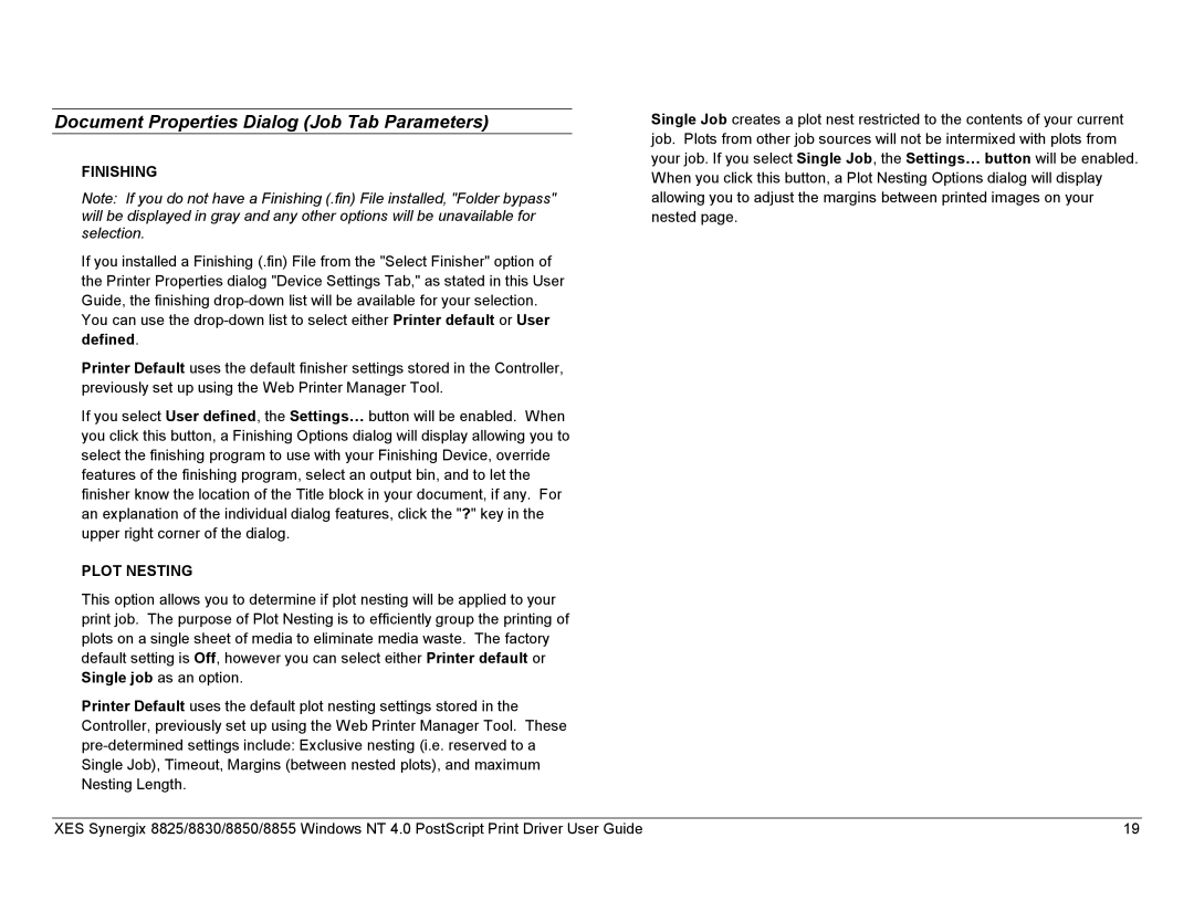 Xerox 8830, 8825, 8855 manual Finishing, Plot Nesting 