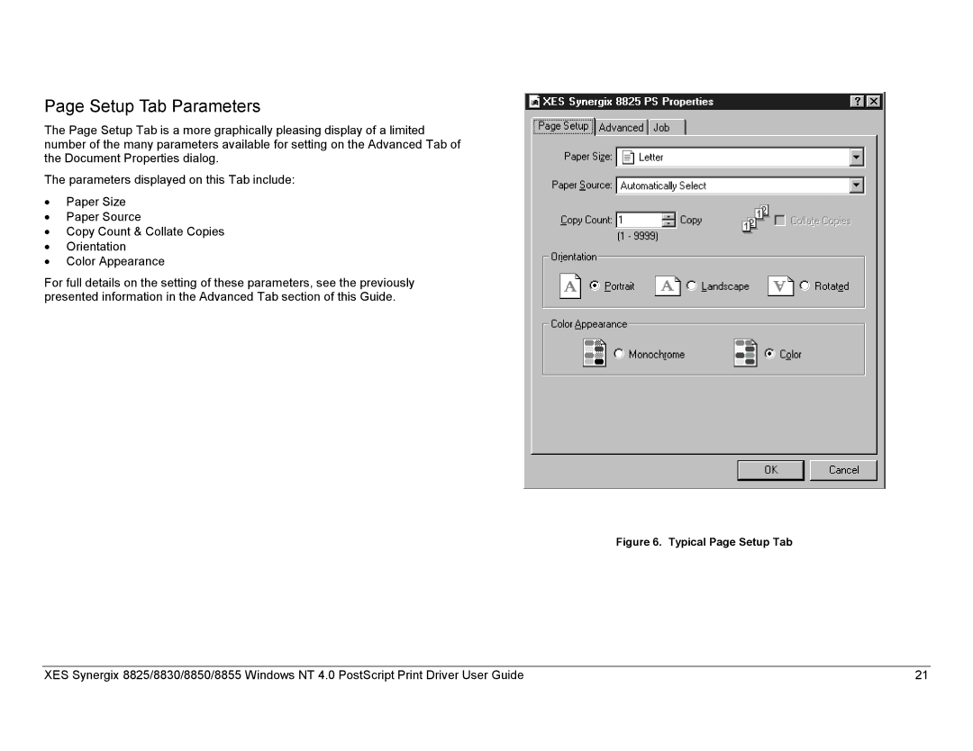 Xerox 8855, 8825, 8830 manual Setup Tab Parameters 