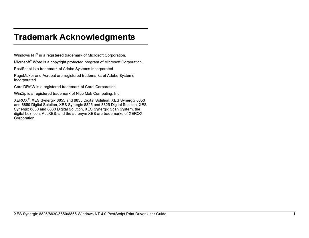 Xerox 8825, 8855, 8830 manual Trademark Acknowledgments 