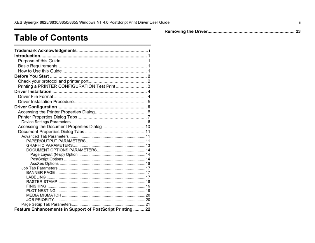 Xerox 8855, 8825, 8830 manual Table of Contents 