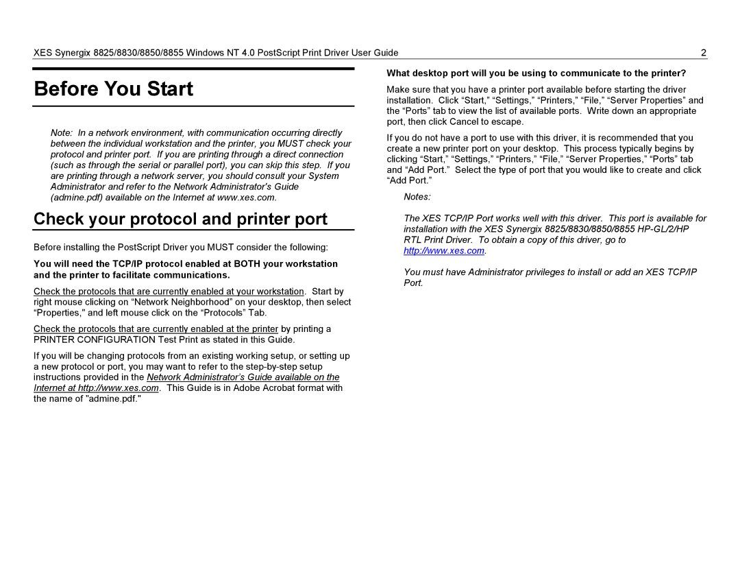 Xerox 8825, 8855, 8830 manual Before You Start, Check your protocol and printer port 