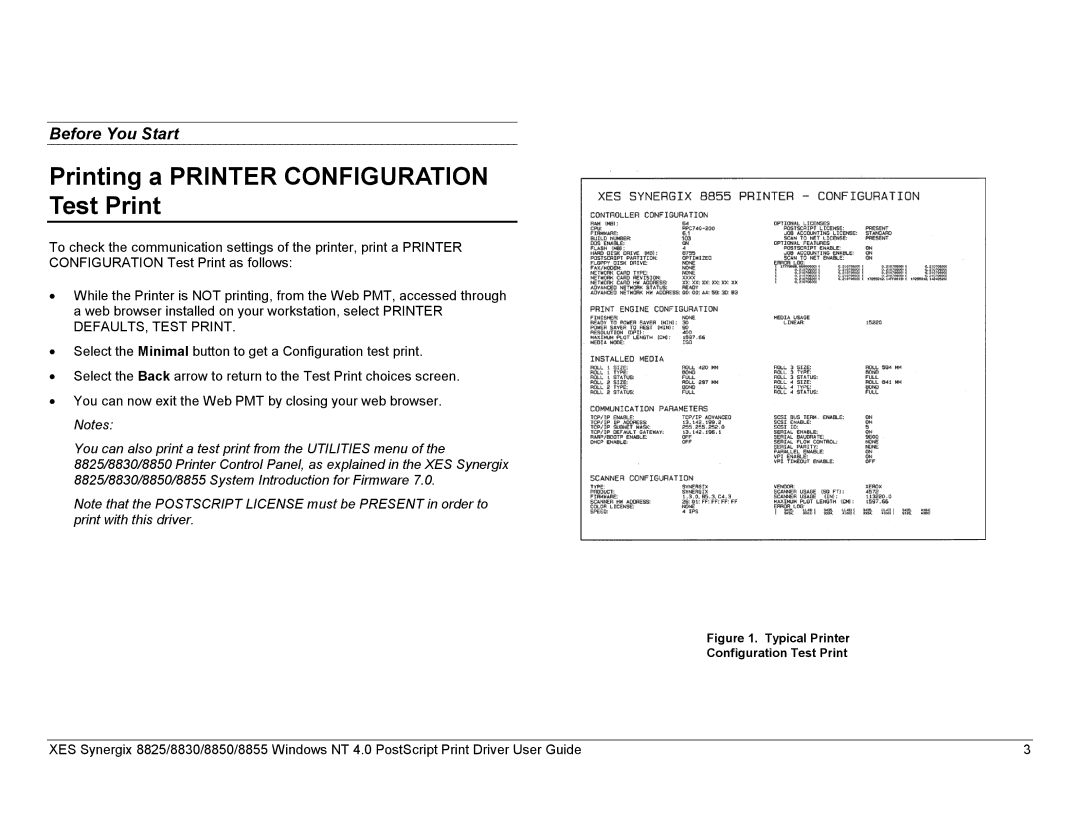 Xerox 8855, 8825, 8830 manual Printing a Printer Configuration Test Print, Typical Printer Configuration Test Print 