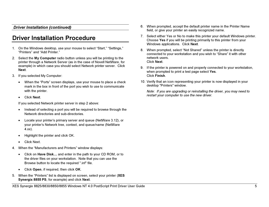 Xerox 8825, 8855, 8830 manual Driver Installation Procedure 