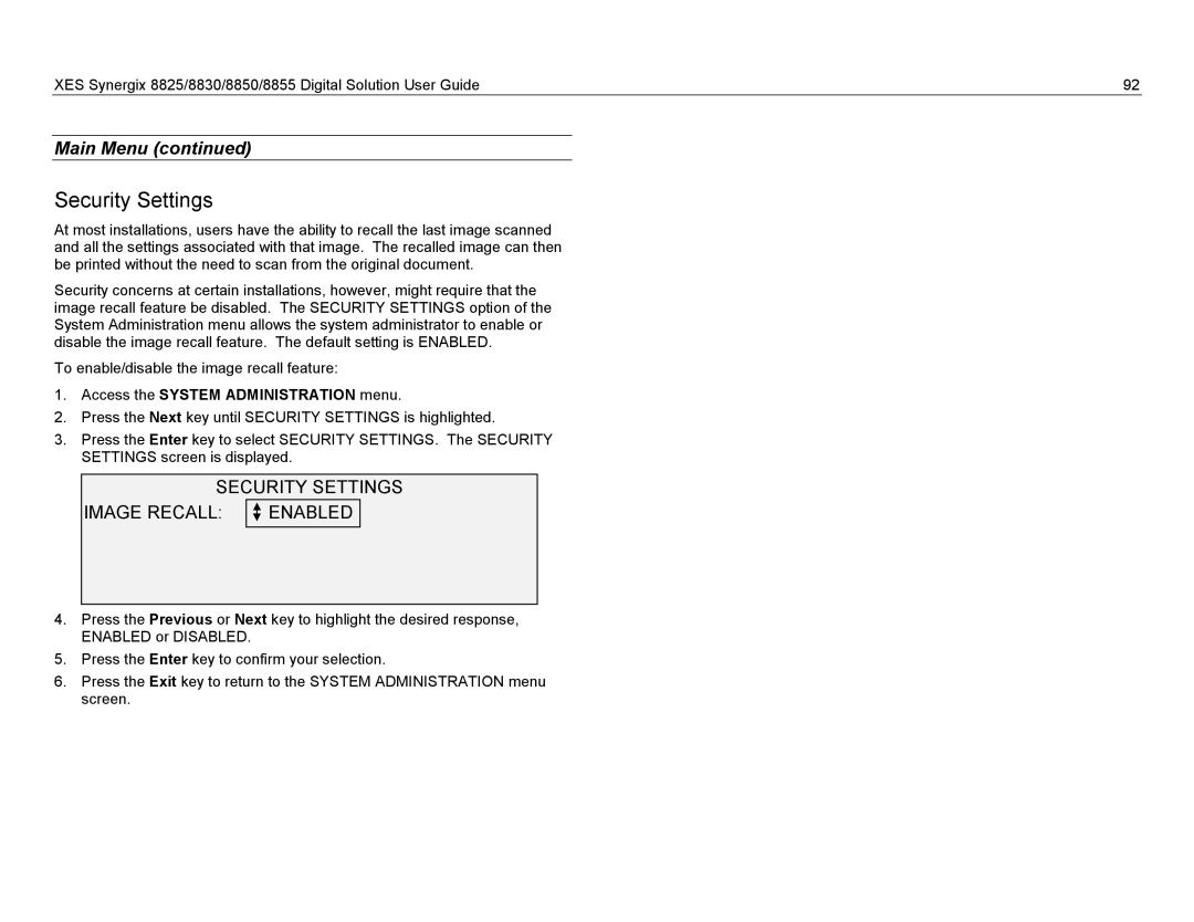 Xerox 8825, 8855, 8830 manual Security Settings Image Recall Enabled, Access the System Administration menu 