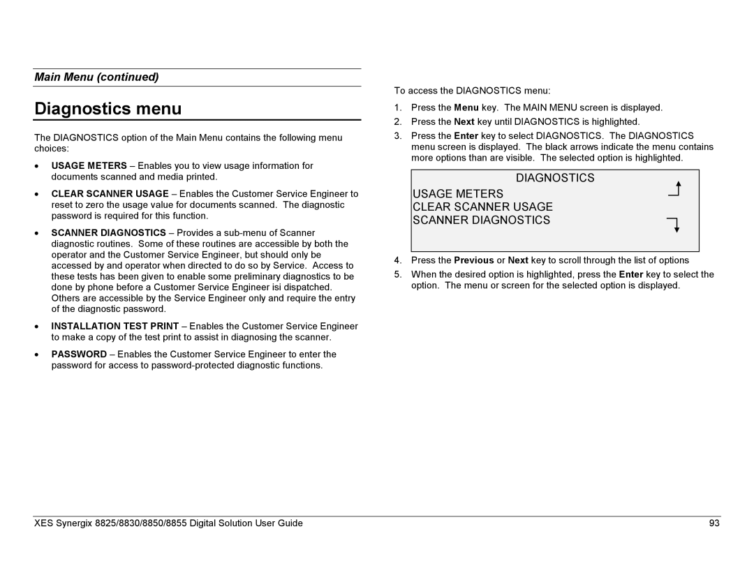 Xerox 8855, 8825, 8830 manual Diagnostics menu 