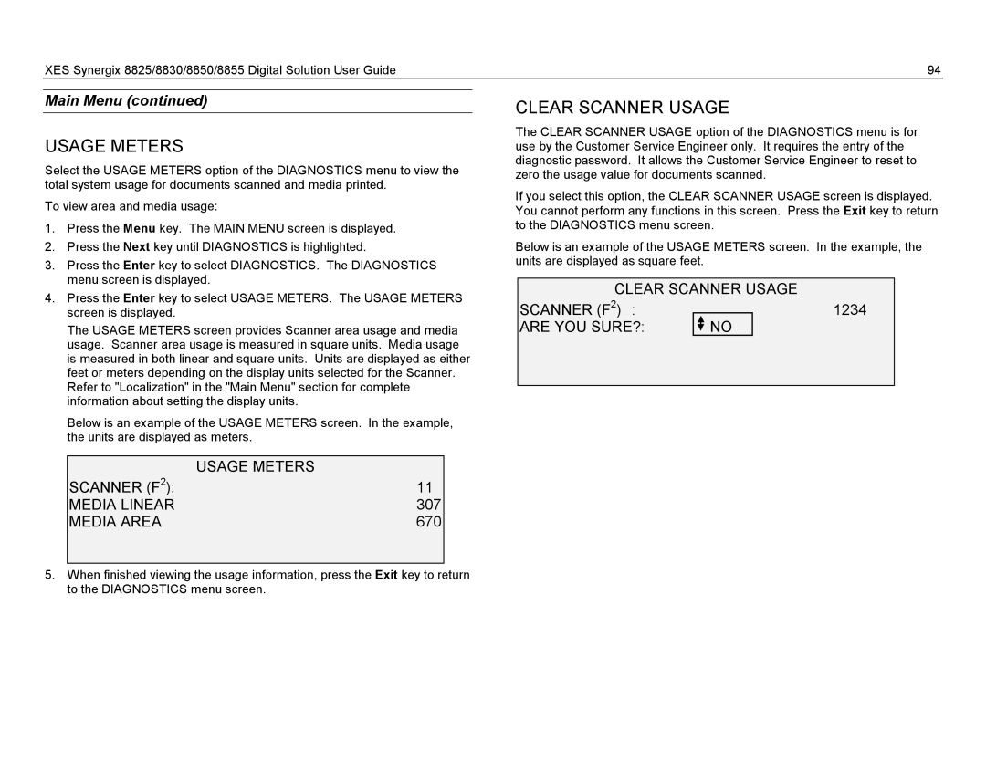 Xerox 8830, 8825, 8855 manual Scanner F Usage Meters Media Linear, Media Area, Clear Scanner Usage Scanner F, Are YOU SURE? 