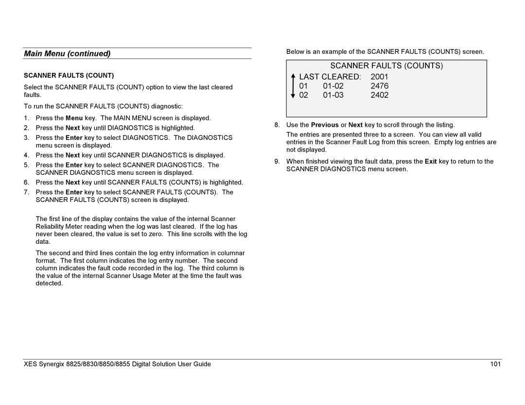 Xerox 8825, 8855, 8830 manual Scanner Faults Counts Last Cleared 