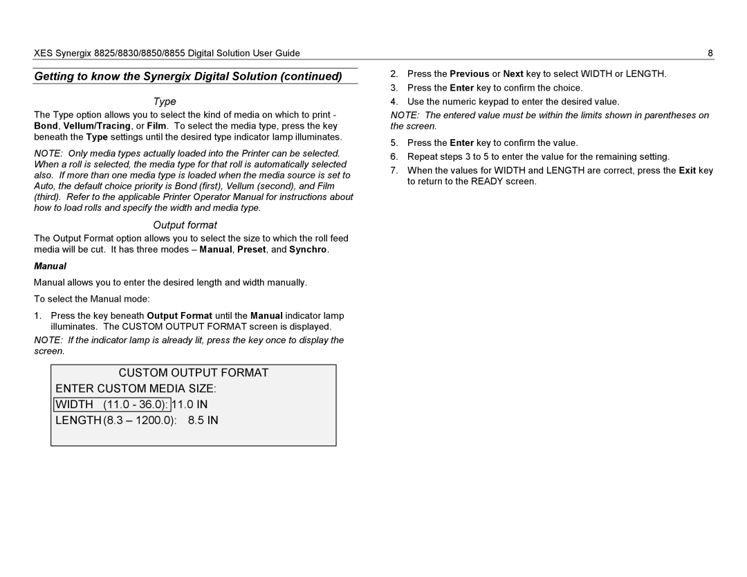 Xerox 8825, 8855, 8830 manual Custom Output Format Enter Custom Media Size, Width 11.0 36.0 11.0 LENGTH8.3 1200.0 8.5 