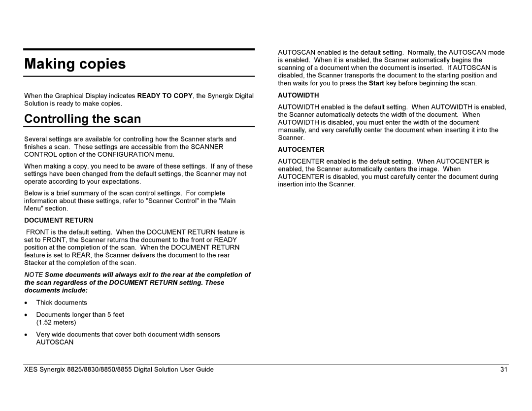 Xerox 8830, 8825, 8855 manual Making copies, Controlling the scan, Document Return, Autowidth, Autocenter 