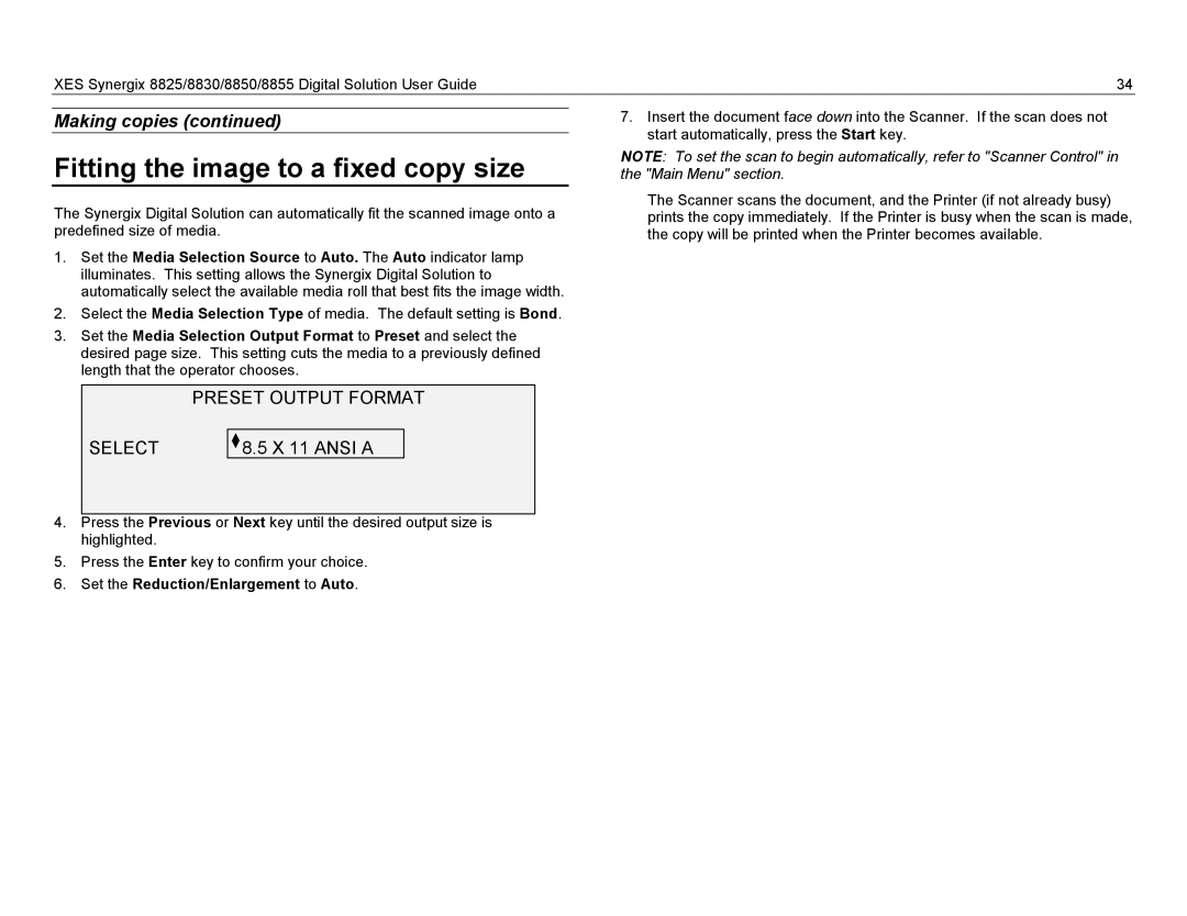 Xerox 8830, 8825, 8855 manual Fitting the image to a fixed copy size, Preset Output Format Select, X 11 Ansi a 