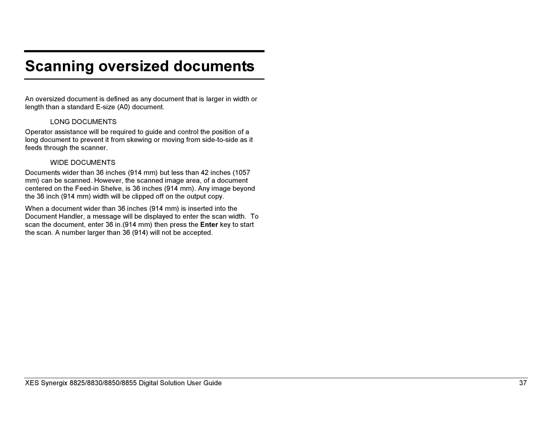 Xerox 8830, 8825, 8855 manual Scanning oversized documents, Long Documents, Wide Documents 