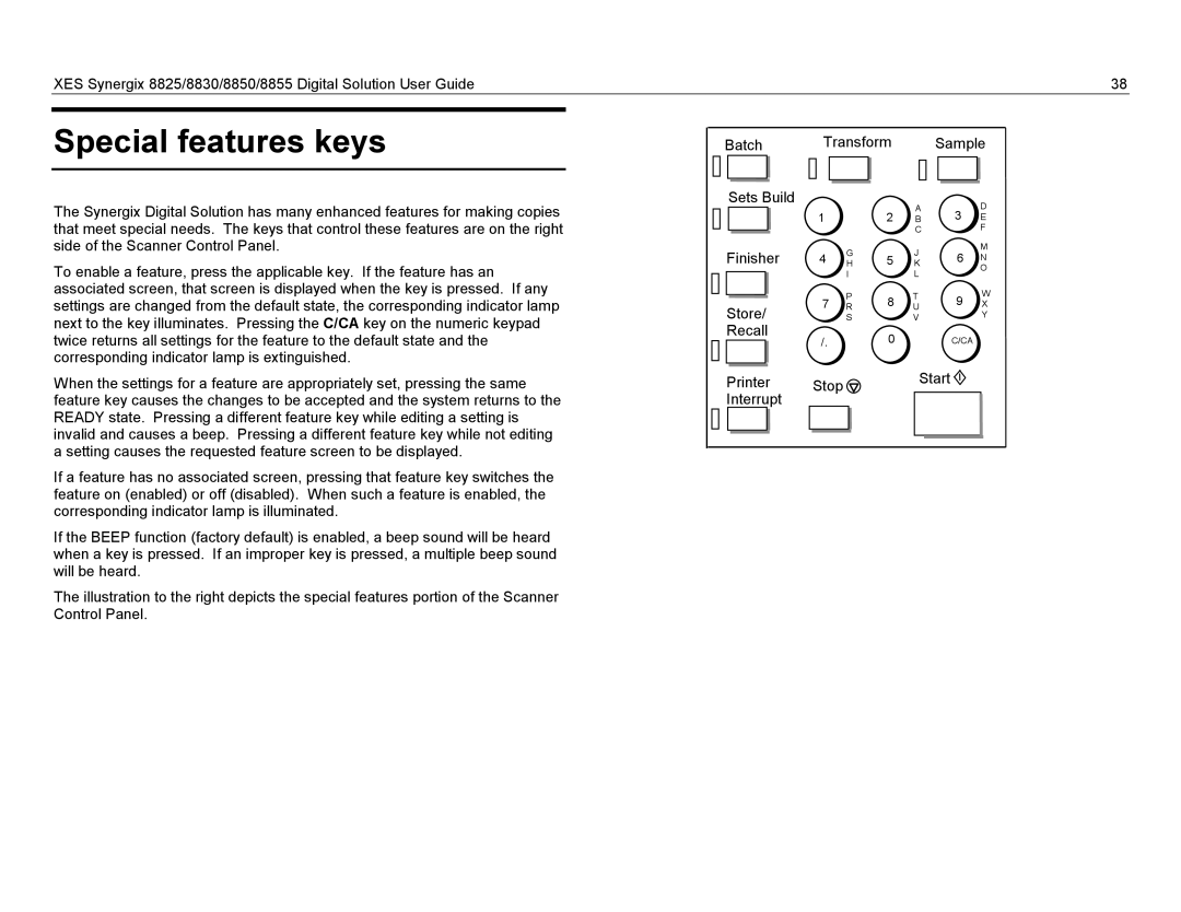 Xerox 8825, 8855, 8830 manual Special features keys 