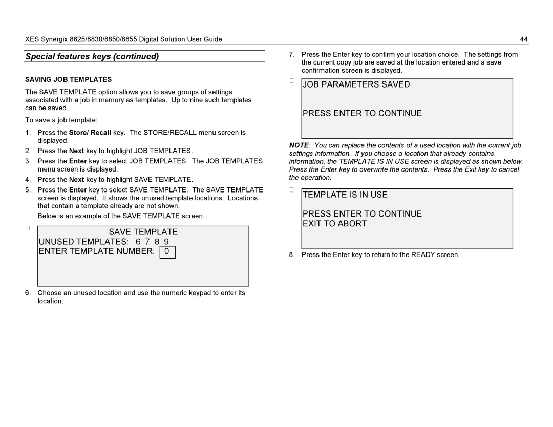 Xerox 8825, 8855, 8830 manual Unused Templates 6 7 8, Saving JOB Templates 