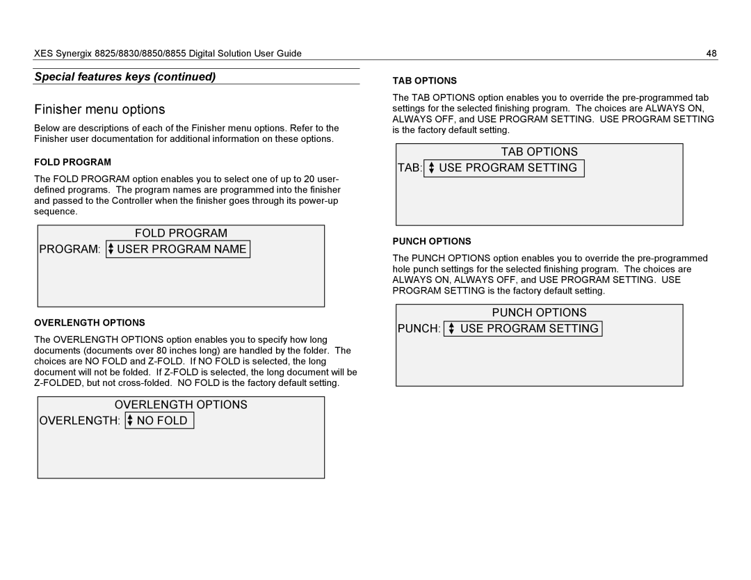 Xerox 8855, 8825, 8830 Finisher menu options, Fold Program Program User Program Name, Overlength Options Overlength no Fold 