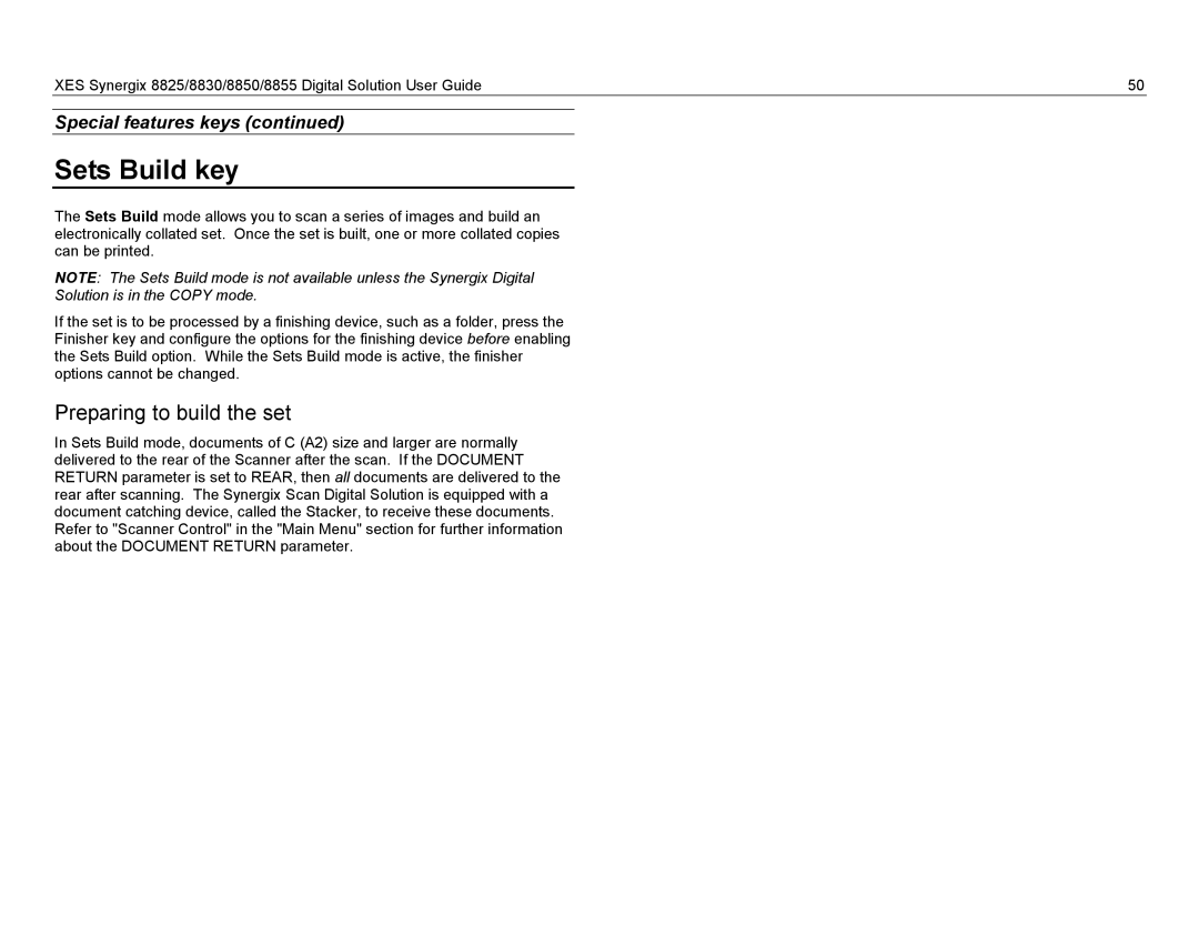 Xerox 8825, 8855, 8830 manual Sets Build key, Preparing to build the set 