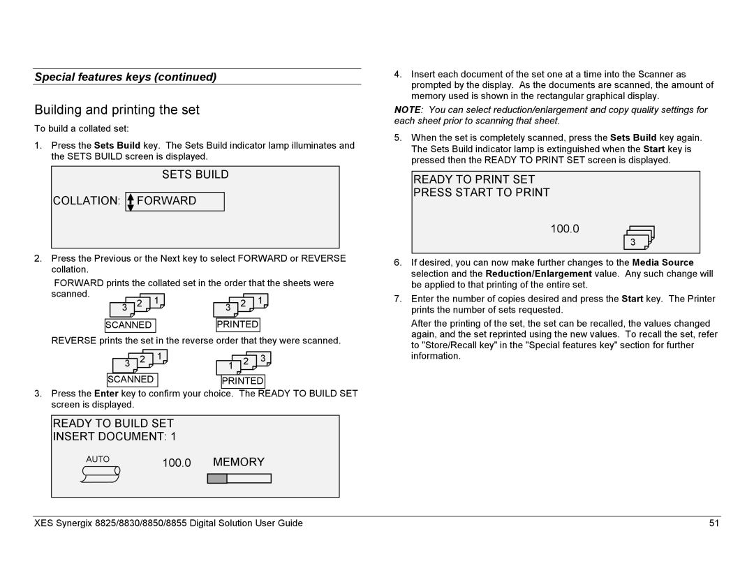 Xerox 8855, 8825 Building and printing the set, Sets Build Collation Forward, Ready to Build SET Insert Document, Memory 