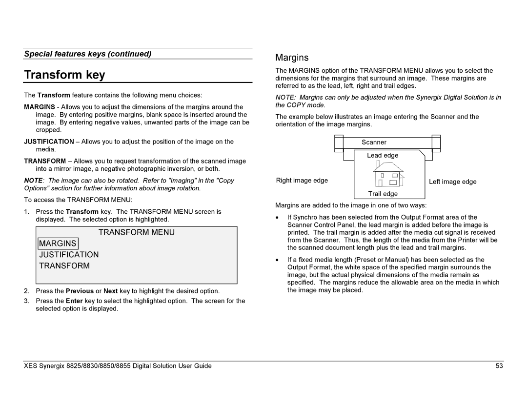 Xerox 8825, 8855, 8830 manual Transform key, Transform Menu Margins Justification 