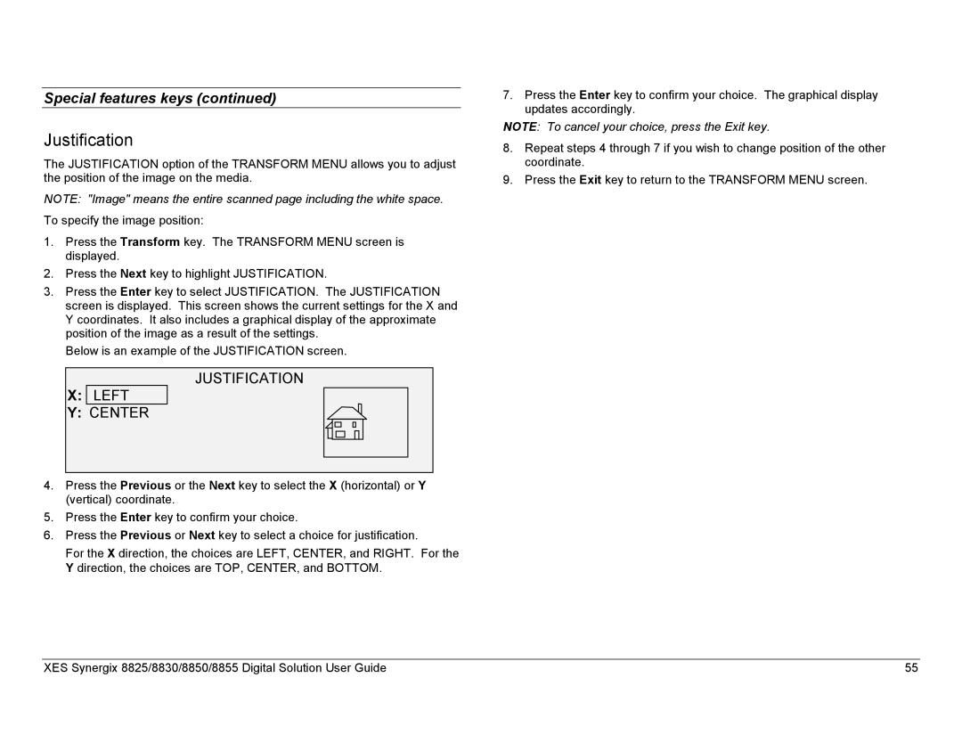 Xerox 8830, 8825, 8855 manual Justification Left Center 