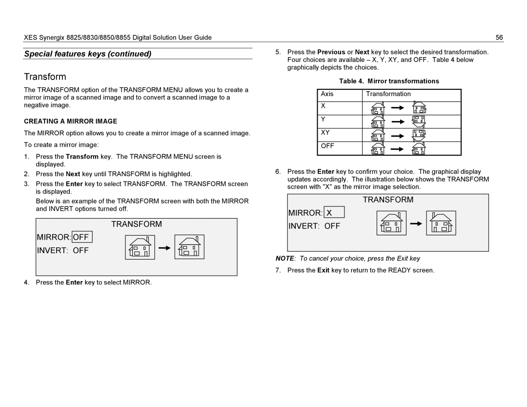 Xerox 8825, 8855, 8830 manual Transform Mirror OFF Invert OFF, Transform Mirror Invert OFF, Creating a Mirror Image 